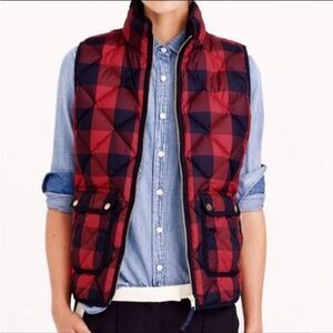 J Crew Excursion Puffer Quilted Down Vest Buffalo Check Navy Blue Red Size XXS